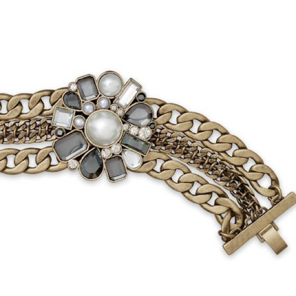 Lia Sophia Jewelry - Lia Sophia Gold Multi-Chain Bracelet with Pearl and Gray Crystal Flower